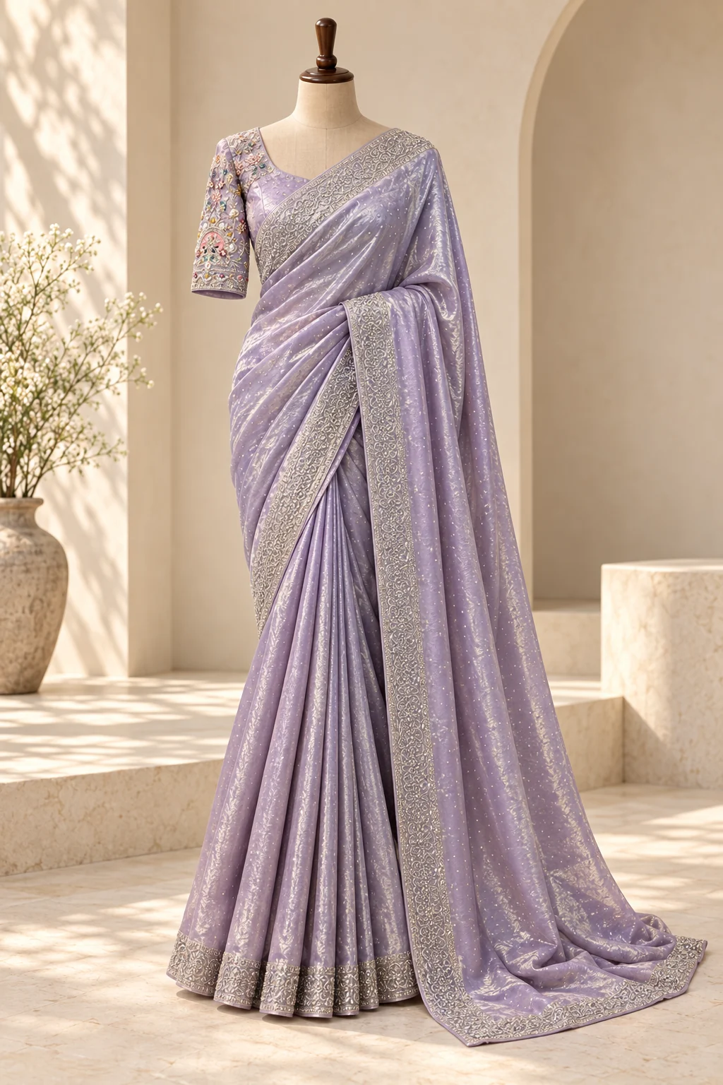 Lavender saree shown on a wooden mannequin and in four detail views.