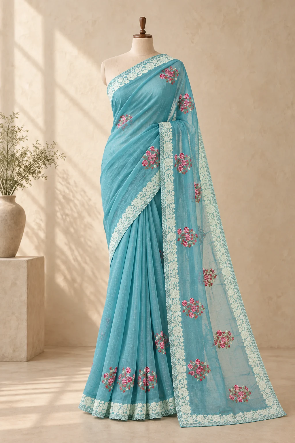 Turquoise rose-floral saree on a wooden mannequin, with border-detail and flat-lay views.