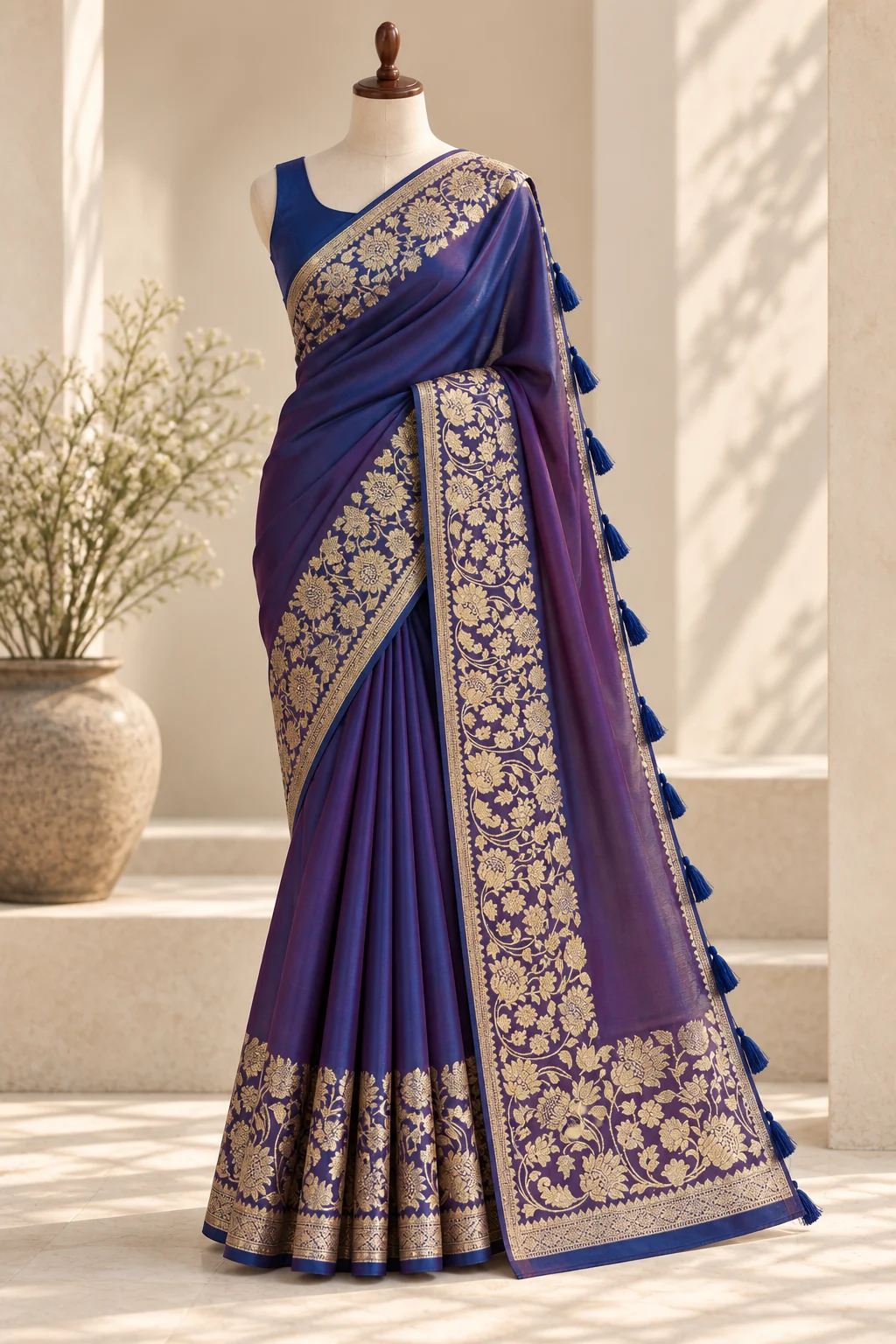 Deep indigo-purple saree shown on a wooden mannequin and in four detail views.