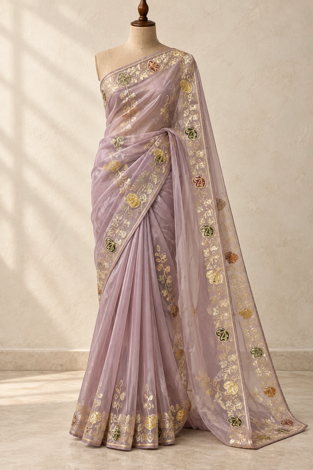Lavender sheer gold-vine saree shown on a wooden mannequin and in four detail views.