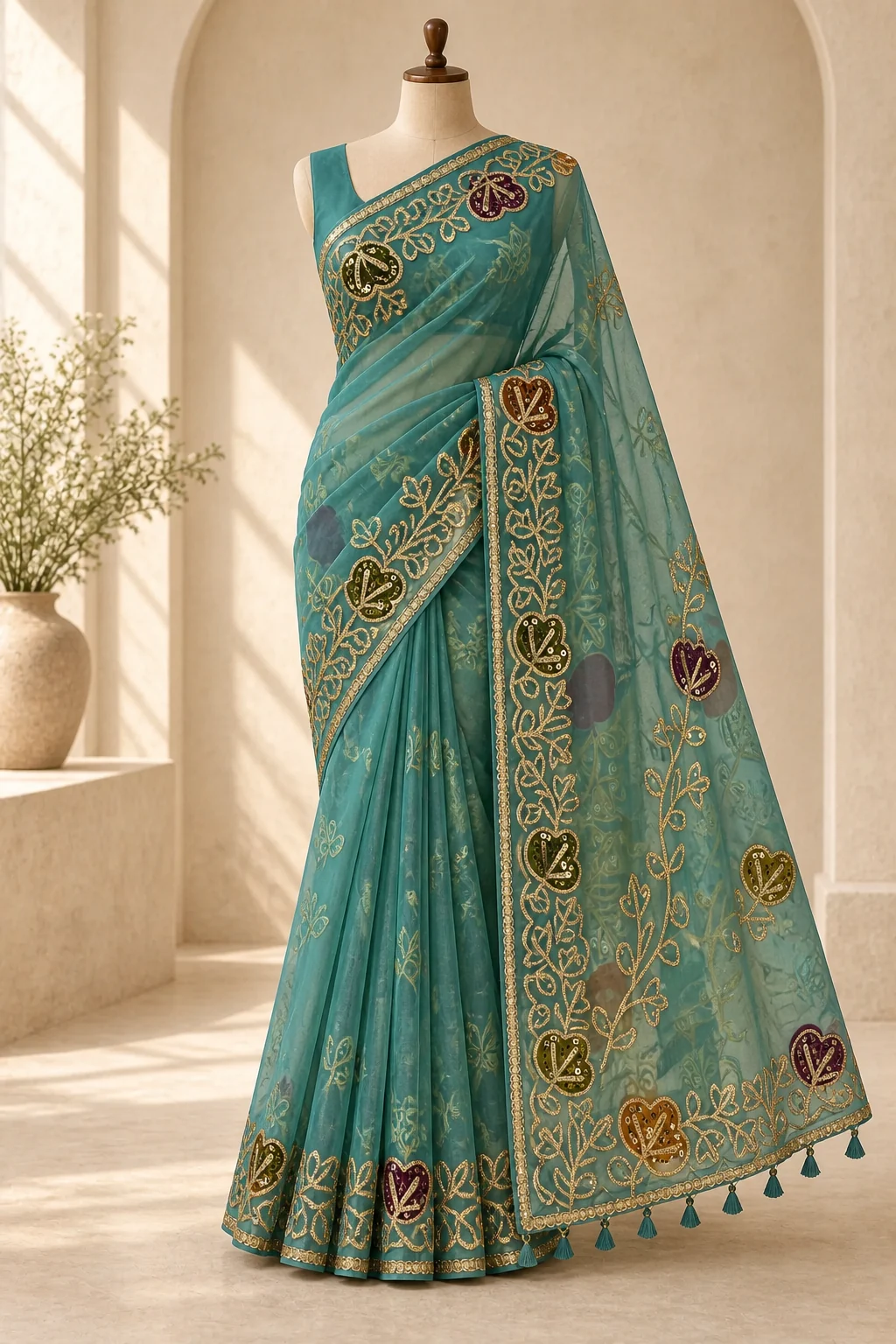 Teal saree shown on a wooden mannequin and in four detail views.