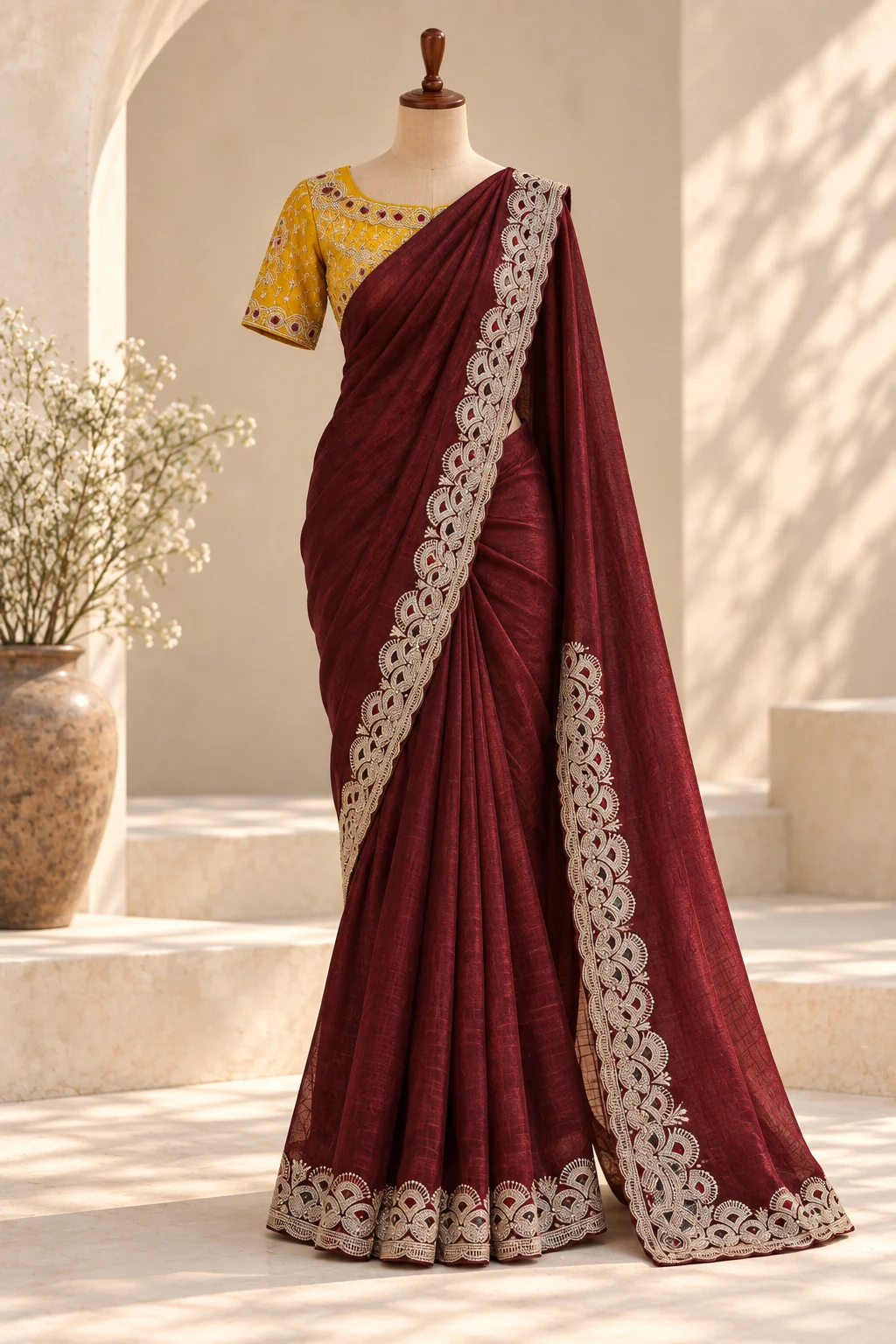 Maroon saree shown on a wooden mannequin and in four detail views.