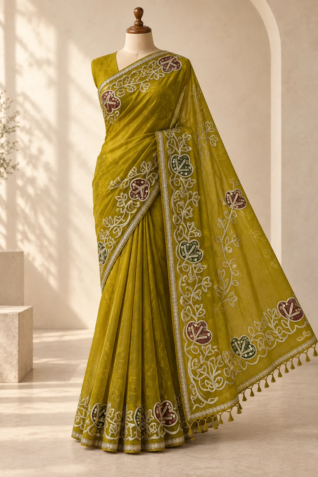 Mustard olive saree shown on a wooden mannequin and in four detail views.